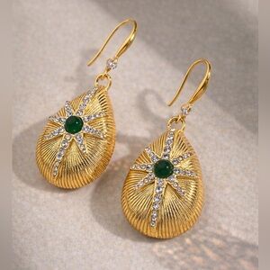 Starburst Drop Earrings Green Teardrop Earrings— 18K Gold-Plated